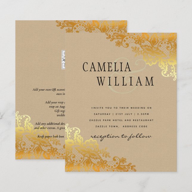 Papier Invitation de mariage classique de dentelle d'or B (Devant / Derrière)