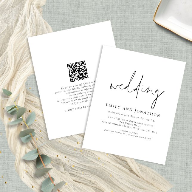 Papier Invitation de mariage de code QR de script minimal (Front and back view)