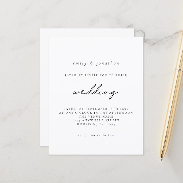 Papier Invitation de mariage de script noir simple Budget (Devant/Arrière en situation)