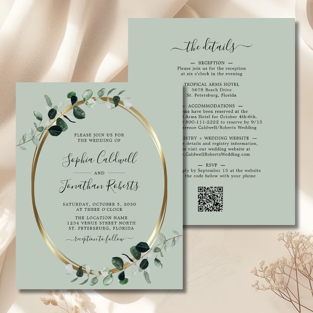 Papier Invitation de mariage d'Eucalyptus Code QR Budget (Budget Eucalyptus Gold Sage QR Code Double Sided All in One Wedding Invitation)