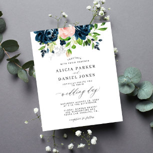 Papier Invitation de mariage élégante florale rose marine