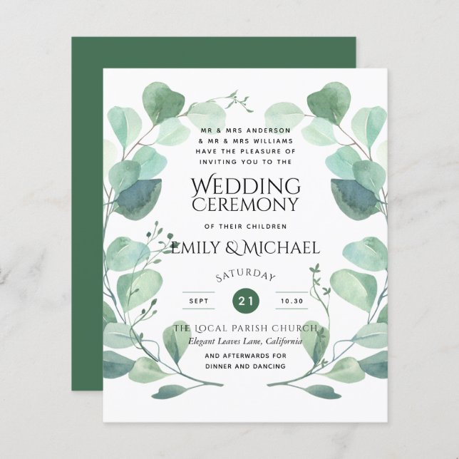 Papier Invitation de mariage Eucalyptus Budget Vert (Devant / Derrière)