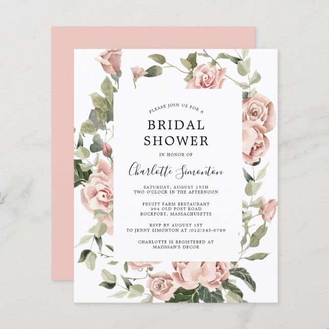 Papier Invitation de mariage floral rose pastel Budget (Devant / Derrière)