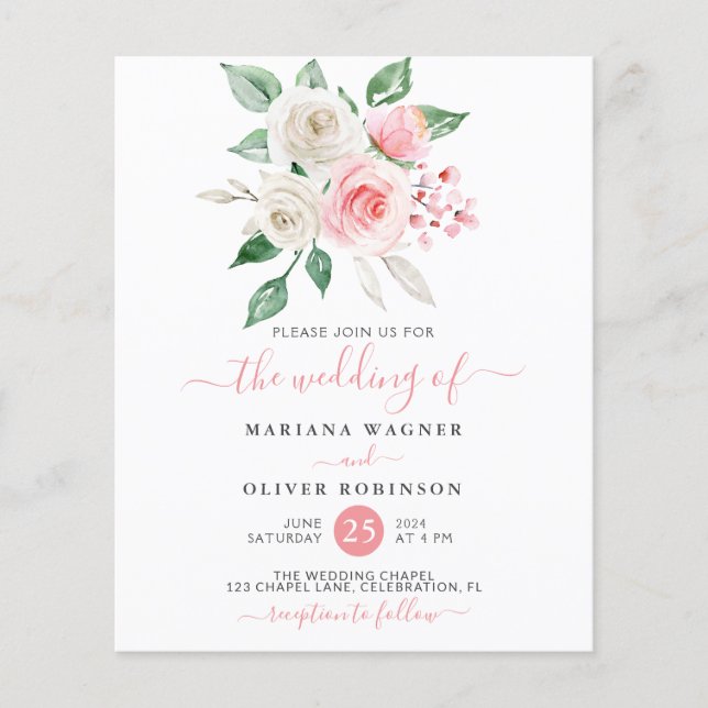 Papier Invitation de mariage florale aquarelle rose paste (Devant)