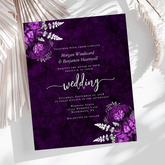 Papier Invitation de mariage florale argent violet prune  (Créateur téléchargé)
