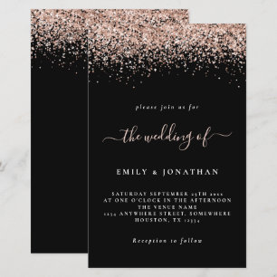 Papier Invitation de mariage noir à paillettes or rose bu