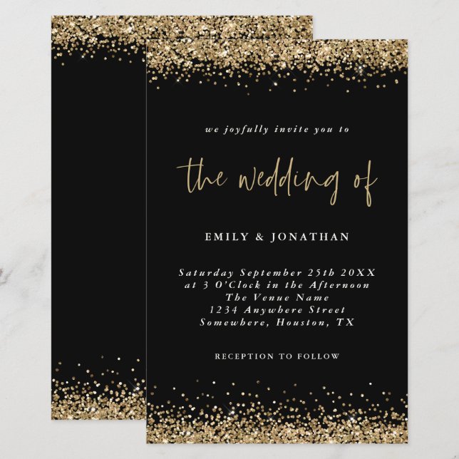 Papier Invitation de mariage noir avec paillettes dorées  (Devant / Derrière)