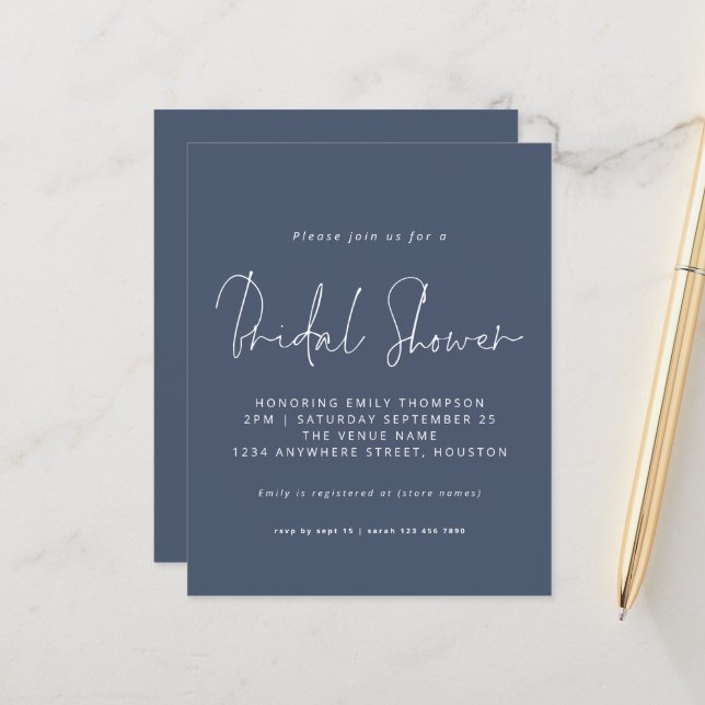 Papier Invitation de mariage pas cher Dusty Navy Blue pou (Devant/Arrière en situation)