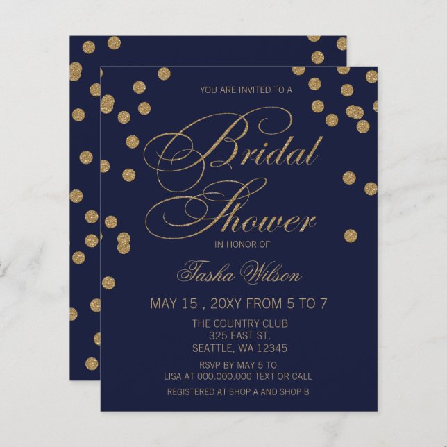 Papier Invitation de mariage pas chère Navy Gold Confetti (Devant / Derrière)