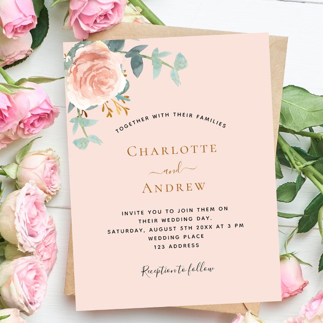 Papier Invitation de mariage pas chère rose or pêche (Créateur téléchargé)