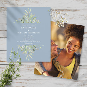 Papier Invitation de mariage photo avec feuillage bleu po
