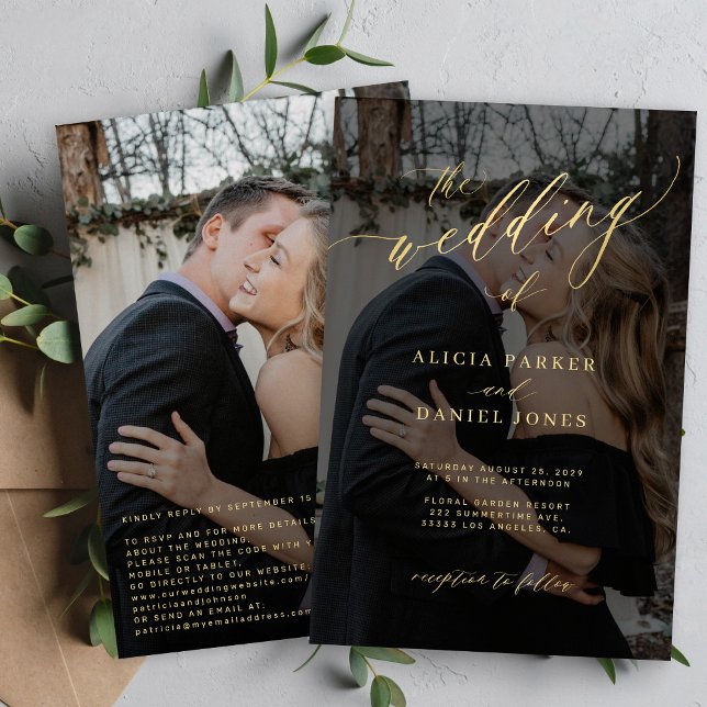 Papier Invitation de mariage photo QR script or budget (Créateur téléchargé)