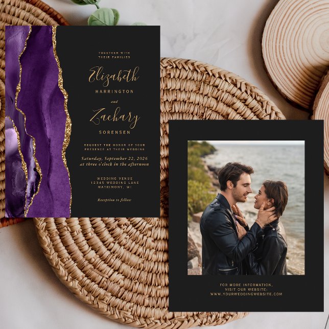 Papier Invitation de mariage photo sombre Agate or Violet (Créateur téléchargé)