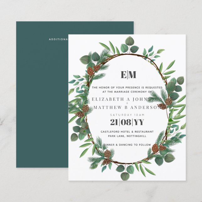 Papier Invitation de mariage pour pin vert budget (Devant / Derrière)