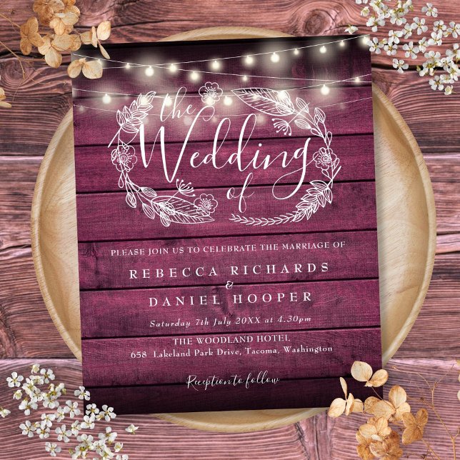 Papier Invitation de mariage Rustique Rouge Bois Budget a (Budget Rustic Red Wood String Light Wedding Invite)
