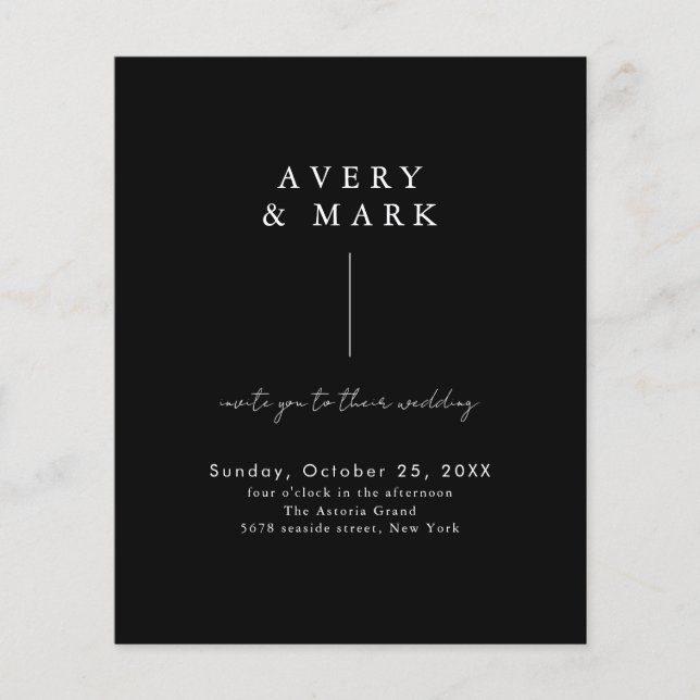 Papier Invitation de mariage simple noir noir minimal bud (Devant)