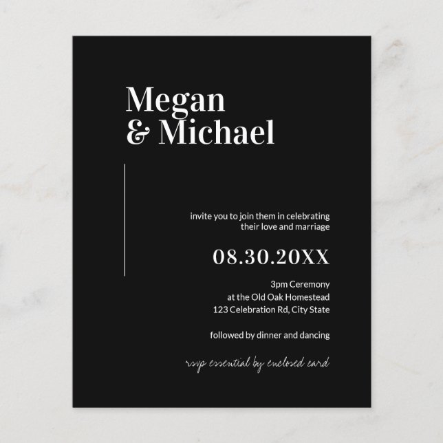 Papier Invitation de mariage simple noir noir minimal bud (Devant)