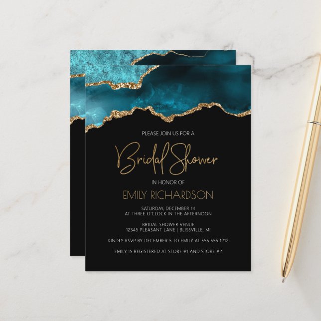 Papier Invitation de mariage turquoise géode agate budget (Devant/Arrière en situation)