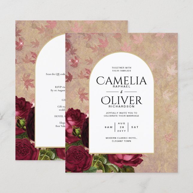 Papier Invitation de mariage Vintage de roses rouges bota (Devant / Derrière)