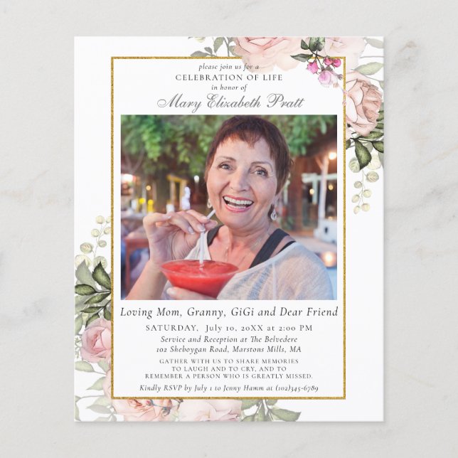 Papier Invitation de photos de fleurs rose budget (Devant)