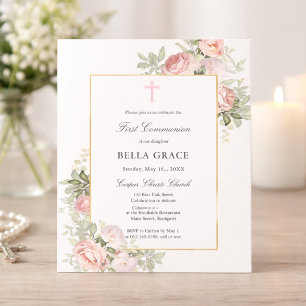 Papier Invitation de première communion florale rose past