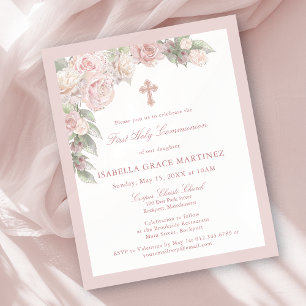 Papier Invitation de première communion florale rose past