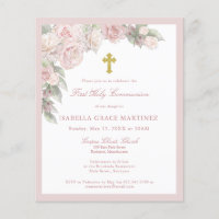 Invitation de première communion florale rose rose