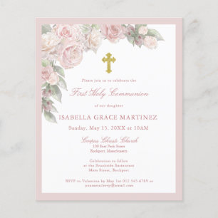 Papier Invitation de première communion florale rose rose