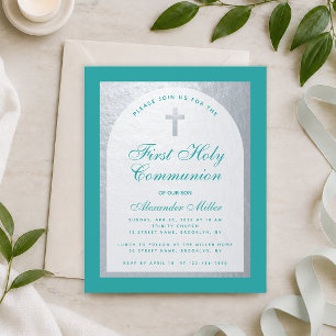 Papier Invitation de première communion pas chère bleu sa
