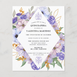Papier Invitation de Quinceanera Florale d'or violet budg