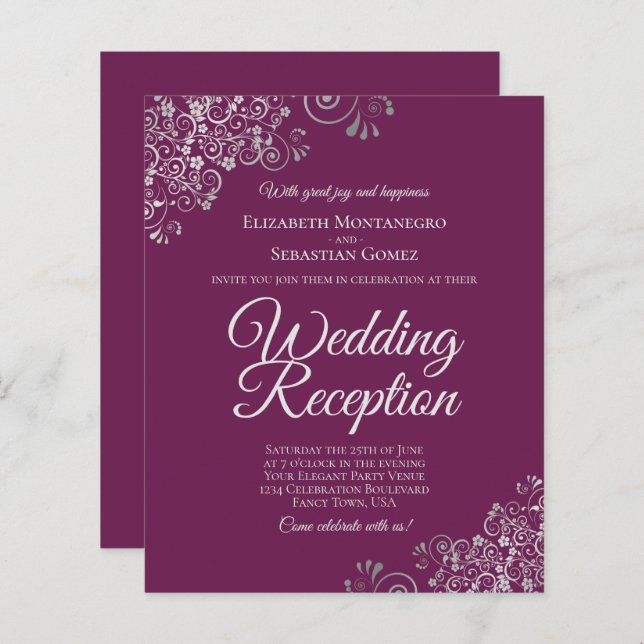 Papier Invitation de réception de mariage magenta et arge (Devant / Derrière)