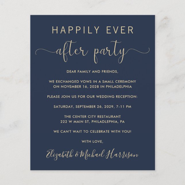 Papier Invitation de réception de mariage Navy Gold Code  (Devant)