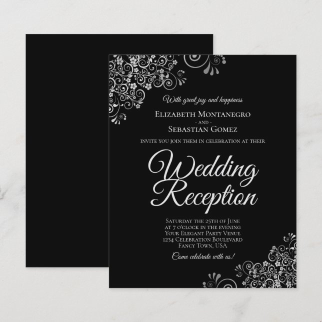 Papier Invitation de réception de mariage noir et argent (Devant / Derrière)