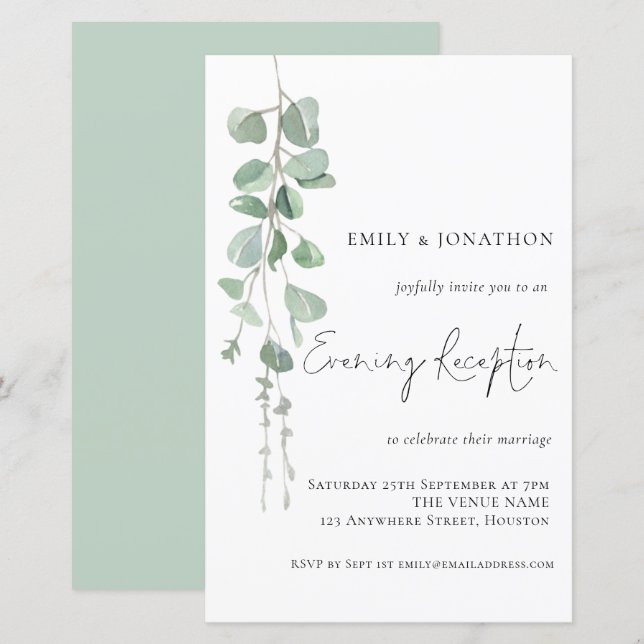 Papier Invitation de réception du soir Mariage Eucalyptus (Devant / Derrière)
