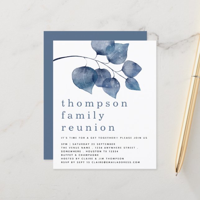 Papier Invitation de réunion de famille à feuillage bleu  (Devant/Arrière en situation)