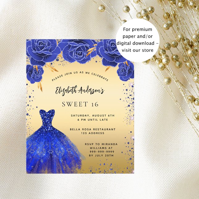Papier Invitation de robe de fleurs de budget royal bleu  (Créateur téléchargé)