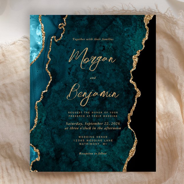 Papier Invitation de script d'Agate bleu Turquoise Budget (Créateur téléchargé)