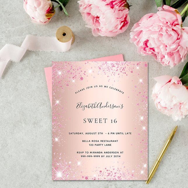 Papier Invitation de Sweet 16 rose gold et paillettes ros (Créateur téléchargé)