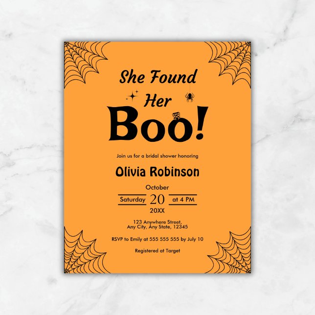 Papier Invitation d'Fête des mariées d'Halloween noir ora (Budget Orange She Found Her Boo Halloween Bridal Shower Invitation  )