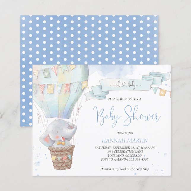 Papier Invitation du Baby shower Budget Elephant du garço (Devant / Derrière)