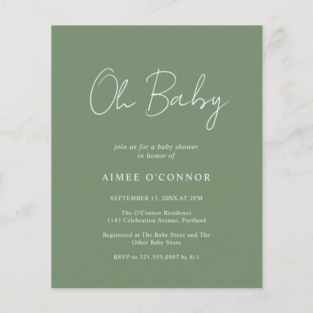 Papier Invitation du Baby shower Budget Vert de Sage mode (Devant)