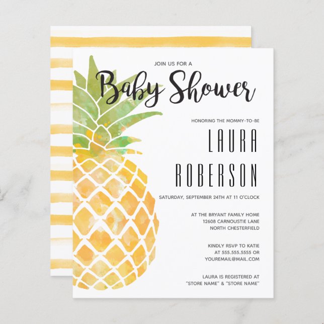 Papier Invitation du Baby shower d'aquarelle d'ananas bud (Devant / Derrière)