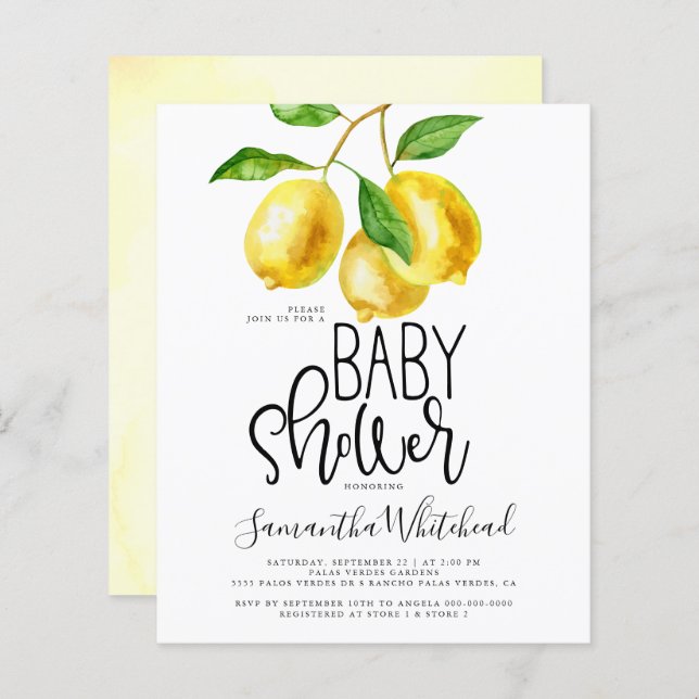 Papier Invitation du Baby shower d'aquarelle de citron bu (Devant / Derrière)