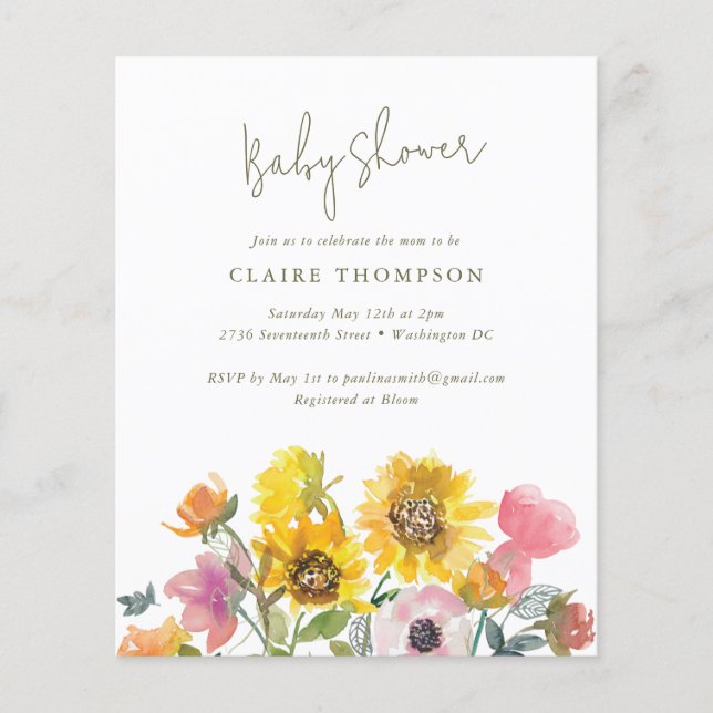 Papier Invitation du Baby shower d'aquarelle du tournesol (Devant)