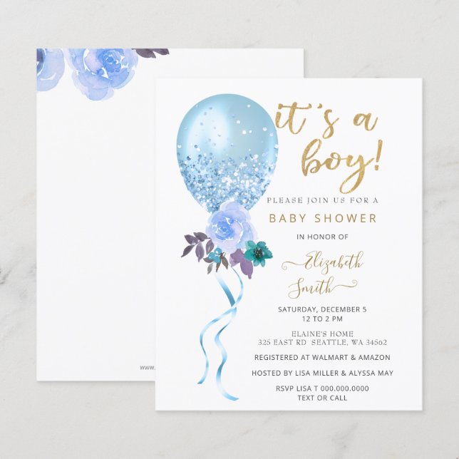 Papier Invitation du Baby shower de ballons bleu budget (Devant / Derrière)