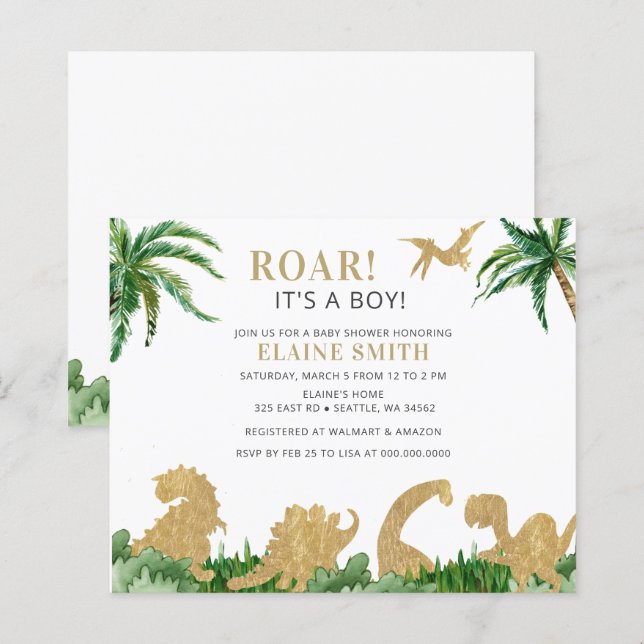 Papier Invitation du Baby shower de Dinosaure Roar Budget (Devant / Derrière)