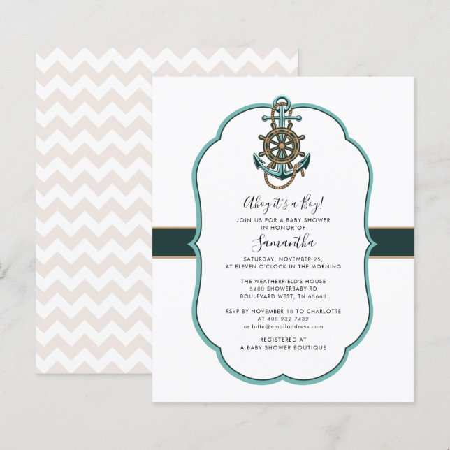Papier Invitation du Baby shower de garçons nautique budg (Devant / Derrière)