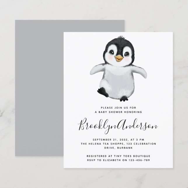 Papier Invitation du Baby shower de pingouin gris BUDGET (Devant / Derrière)