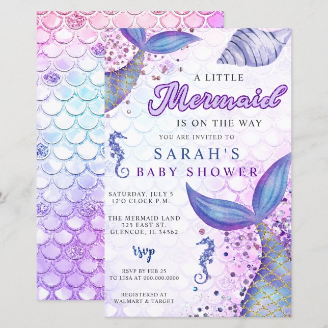 Papier Invitation du Baby shower de sirène mauve budgétai (Devant / Derrière)