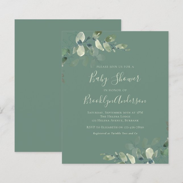 Papier Invitation du Baby shower de verdure budgétaire (Devant / Derrière)